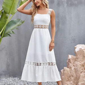 white crochet maxi dress | strapless sleeveless georgette crepe gpo lace solid dress for casual & formal wear