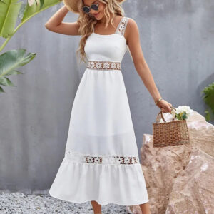 white crochet maxi dress | strapless sleeveless georgette crepe gpo lace solid dress for casual & formal wear
