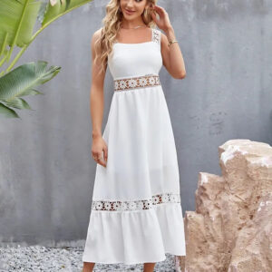 white crochet maxi dress | strapless sleeveless georgette crepe gpo lace solid dress for casual & formal wear