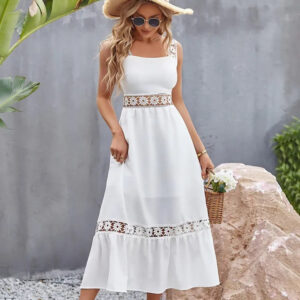 white crochet maxi dress | strapless sleeveless georgette crepe gpo lace solid dress for casual & formal wear