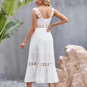 white crochet maxi dress | strapless sleeveless georgette crepe gpo lace solid dress for casual & formal wear
