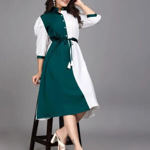 green pure cotton with inner colourblocks casual & party wear fit & flare dress with comfortable belt