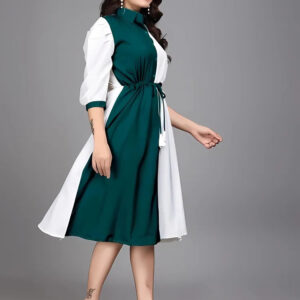 green pure cotton with inner colourblocks casual & party wear fit & flare dress with comfortable belt