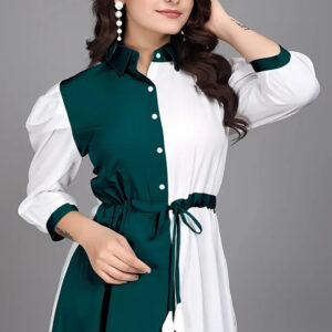 green pure cotton with inner colourblocks casual & party wear fit & flare dress with comfortable belt