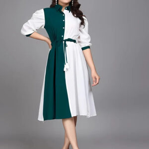 green pure cotton with inner colourblocks casual & party wear fit & flare dress with comfortable belt