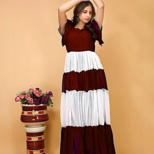 zelzis maroon & white colourblocked solid maxi dress for women