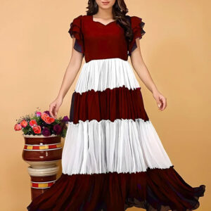 zelzis maroon & white colourblocked solid maxi dress for women
