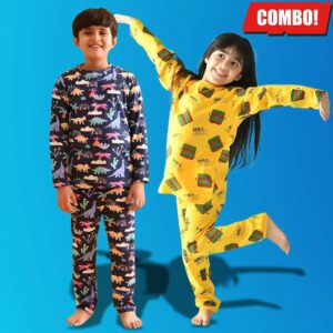 zelzis boys & girls yellow & blue cotton night suit combo t shirt & pants set – trendy daily & casual wear