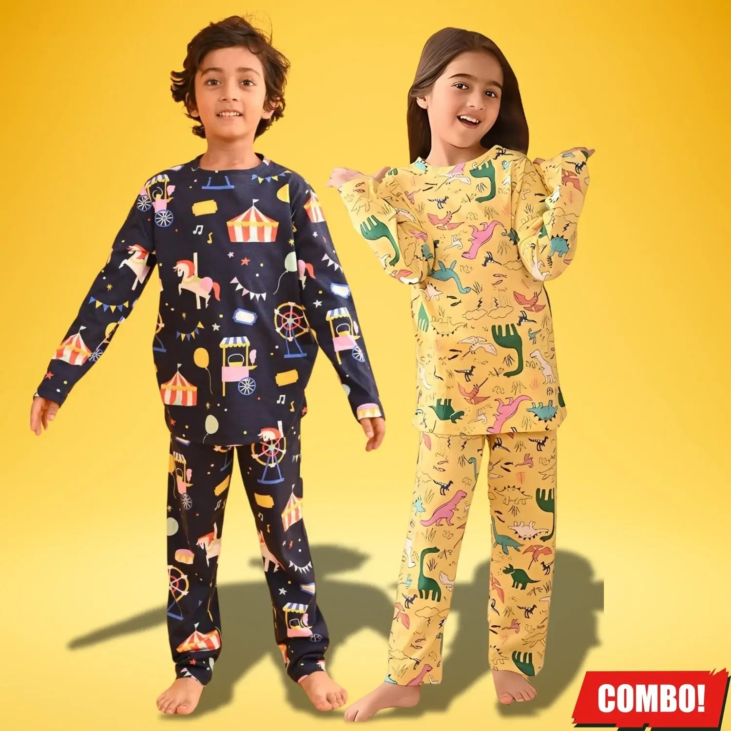 zelzis boys & girls light yellow & navy blue cotton night suit combo t shirt & pants set – trendy daily & casual wear