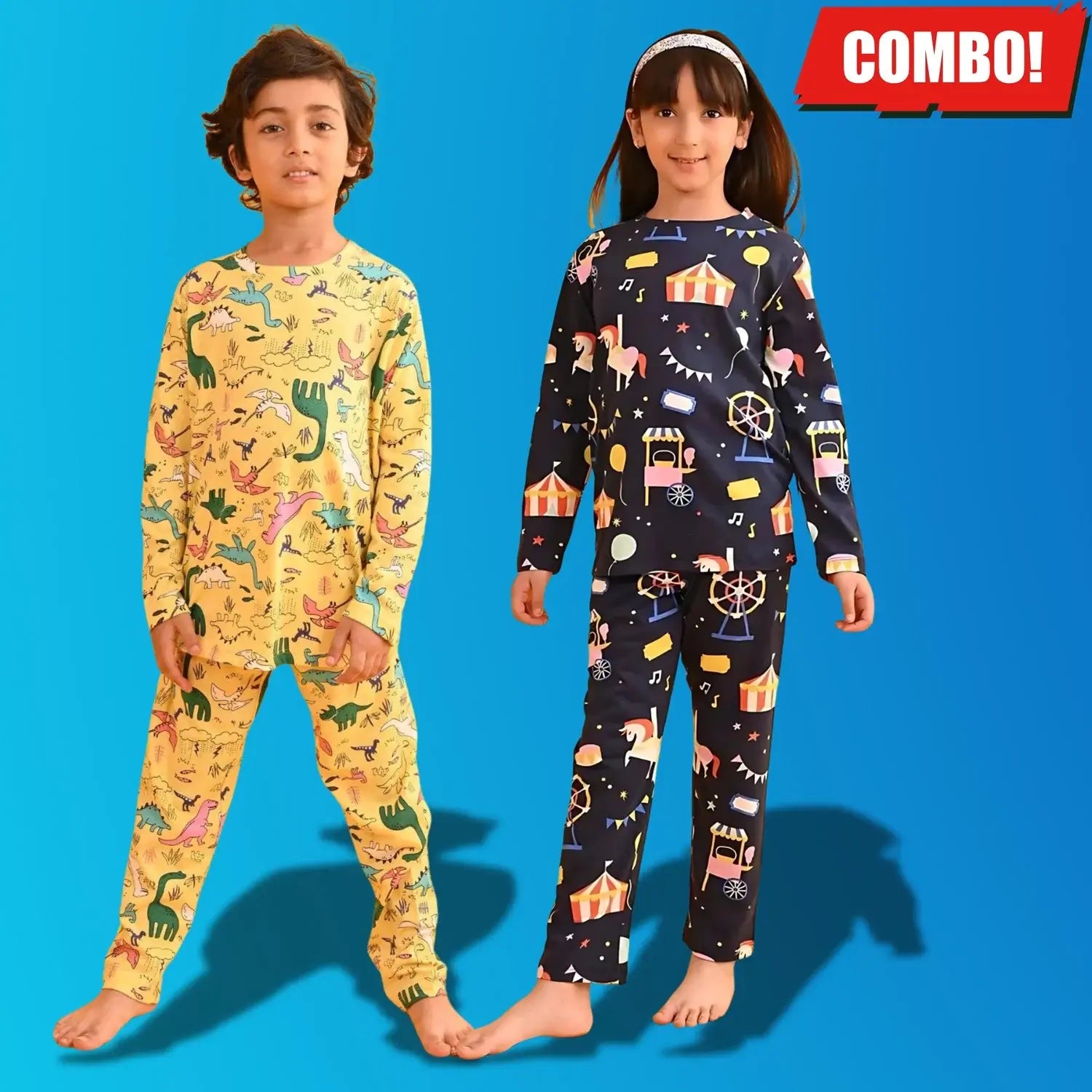 zelzis boys & girls light yellow & navy blue cotton night suit combo t shirt & pants set – trendy daily & casual wear