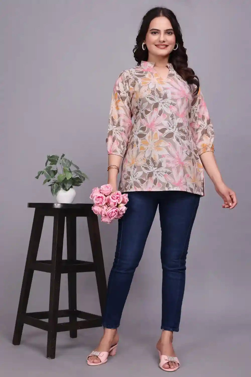brown floral tunic – beautiful cotton top for women & girls