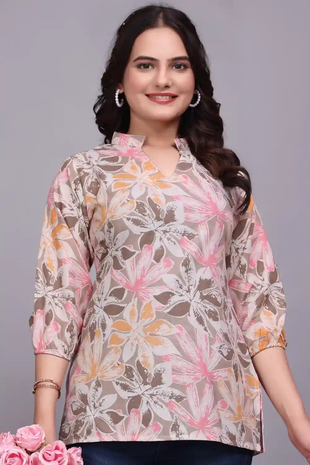brown floral cotton tunic top for women – stylish & comfortable casual wear