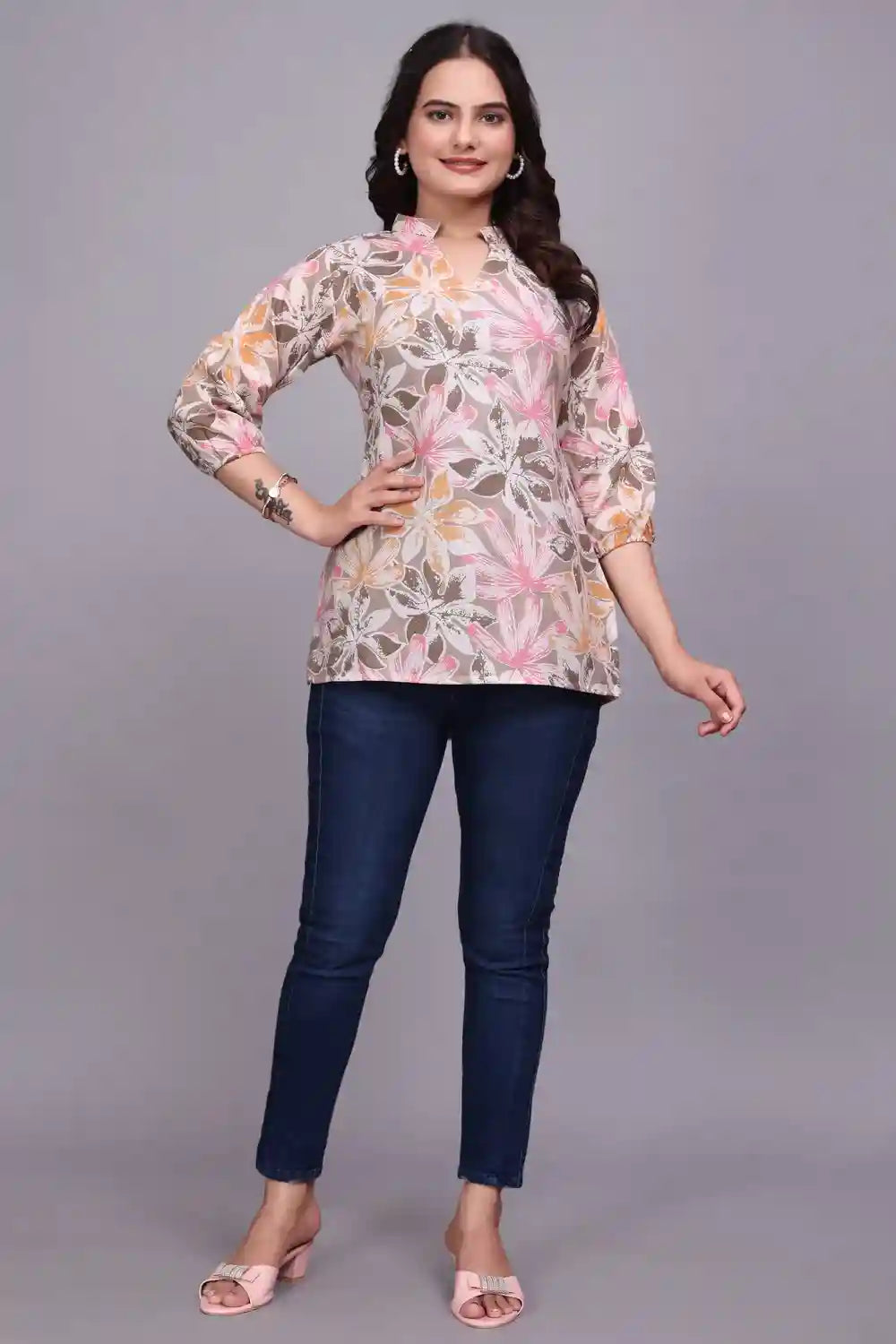 brown floral cotton tunic top for women – stylish & comfortable casual wear