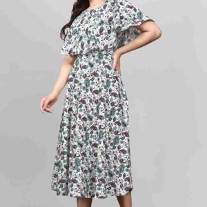 green floral maxi dresses for women | crepe fabric | round neck | flared sleeves | festival & party wear gown