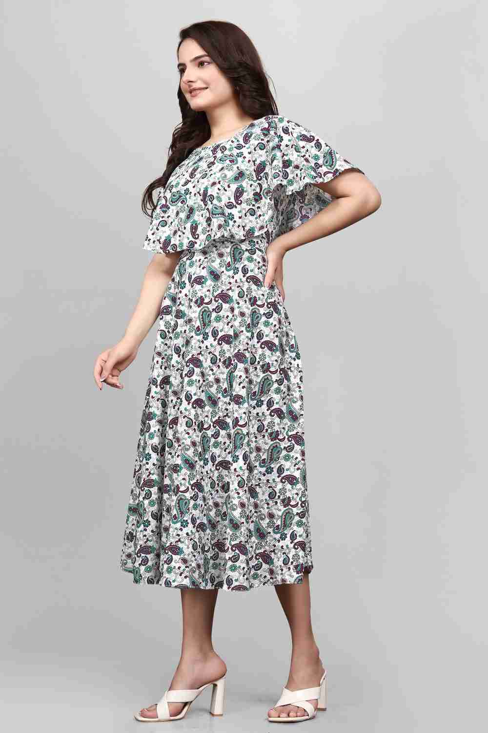 green floral maxi dresses for women | crepe fabric | round neck | flared sleeves | festival & party wear gown