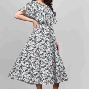 green floral maxi dresses for women | crepe fabric | round neck | flared sleeves | festival & party wear gown