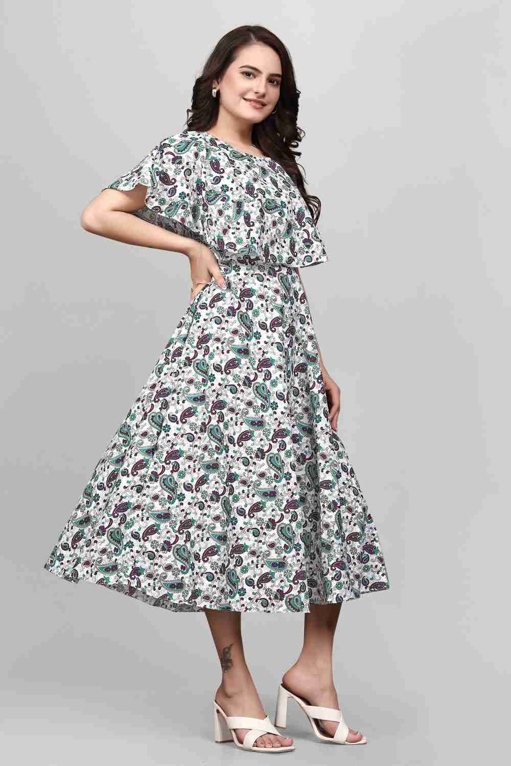 green floral maxi dresses for women | crepe fabric | round neck | flared sleeves | festival & party wear gown