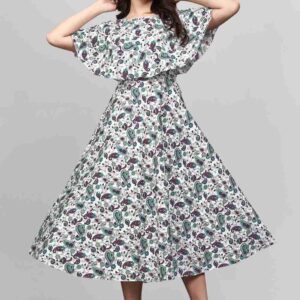 green floral maxi dresses for women | crepe fabric | round neck | flared sleeves | festival & party wear gown