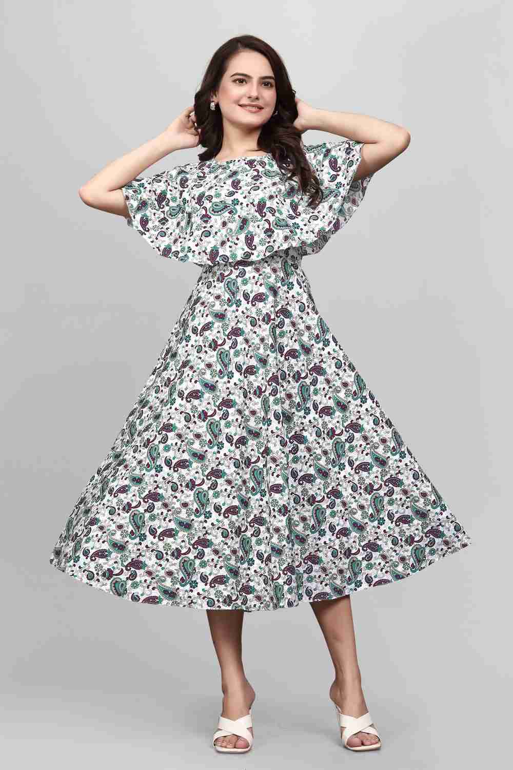green floral maxi dresses for women | crepe fabric | round neck | flared sleeves | festival & party wear gown