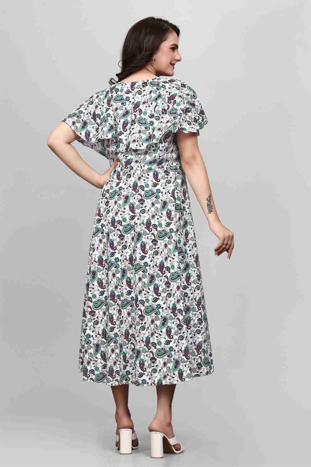 green floral maxi dresses for women | crepe fabric | round neck | flared sleeves | festival & party wear gown
