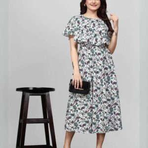 green floral maxi dresses for women | crepe fabric | round neck | flared sleeves | festival & party wear gown