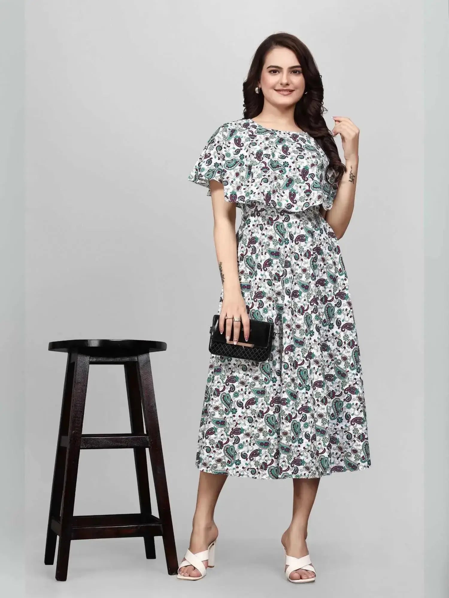 green floral maxi dresses for women | crepe fabric | round neck | flared sleeves | festival & party wear gown