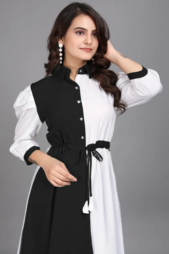 black pure cotton with inner colourblocks casual & party wear fit & flare dress with comfortable belt