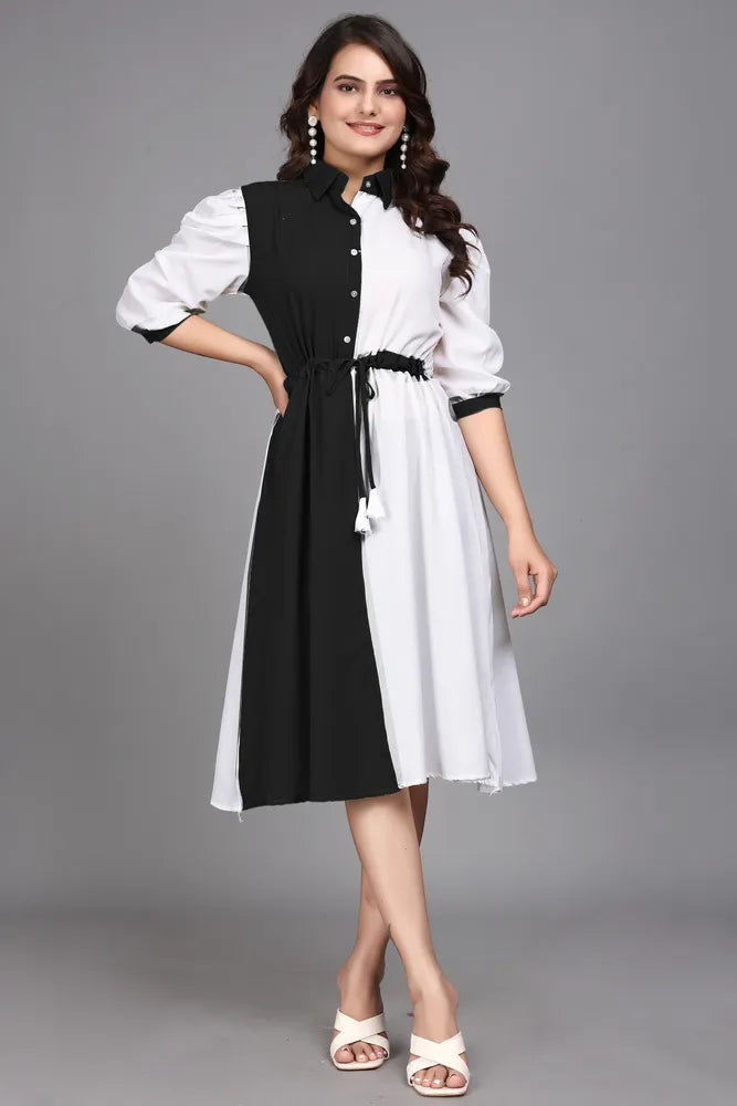black pure cotton with inner colourblocks casual & party wear fit & flare dress with comfortable belt