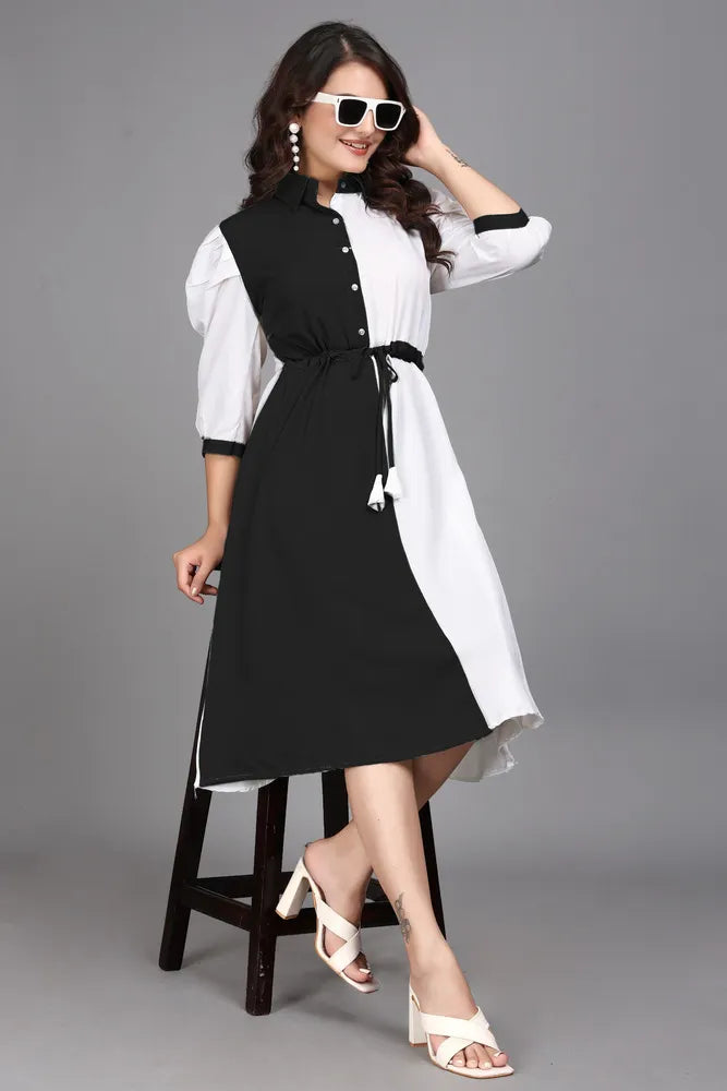 black pure cotton with inner colourblocks casual & party wear fit & flare dress with comfortable belt