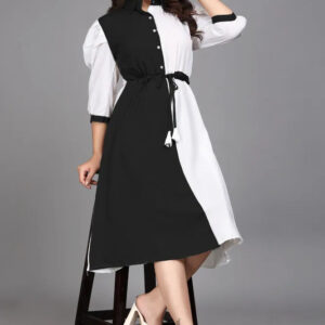 black pure cotton with inner colourblocks casual & party wear fit & flare dress with comfortable belt
