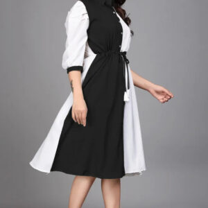 black pure cotton with inner colourblocks casual & party wear fit & flare dress with comfortable belt