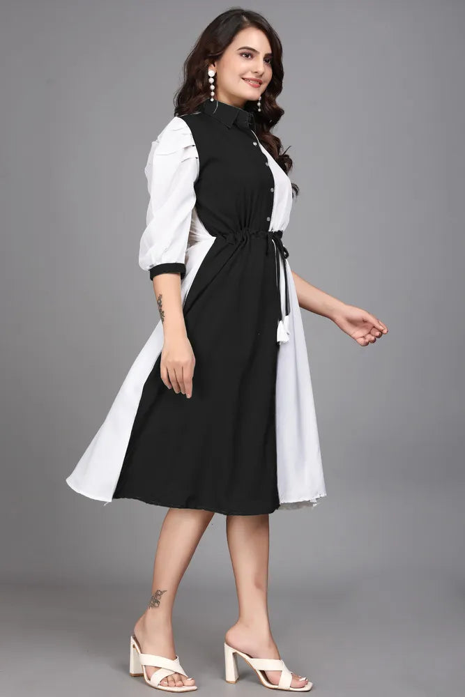 black pure cotton with inner colourblocks casual & party wear fit & flare dress with comfortable belt