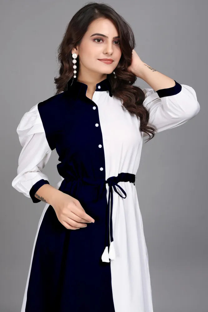 blue pure cotton with inner colourblocks casual & party wear fit & flare dress with comfortable belt