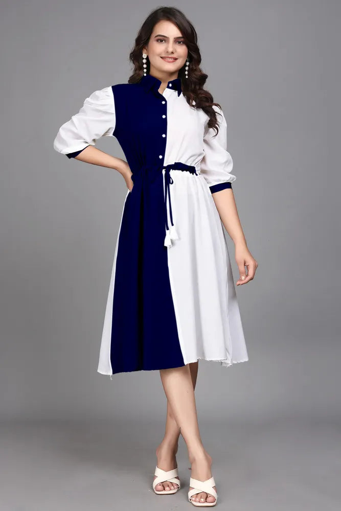 blue pure cotton with inner colourblocks casual & party wear fit & flare dress with comfortable belt
