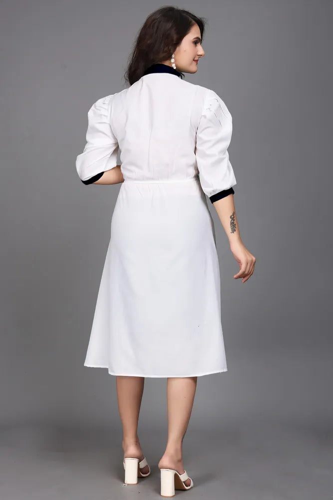 blue pure cotton with inner colourblocks casual & party wear fit & flare dress with comfortable belt