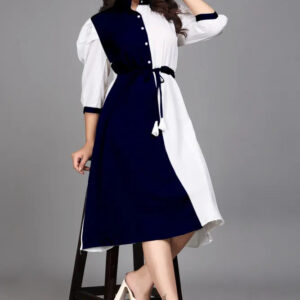 blue pure cotton with inner colourblocks casual & party wear fit & flare dress with comfortable belt