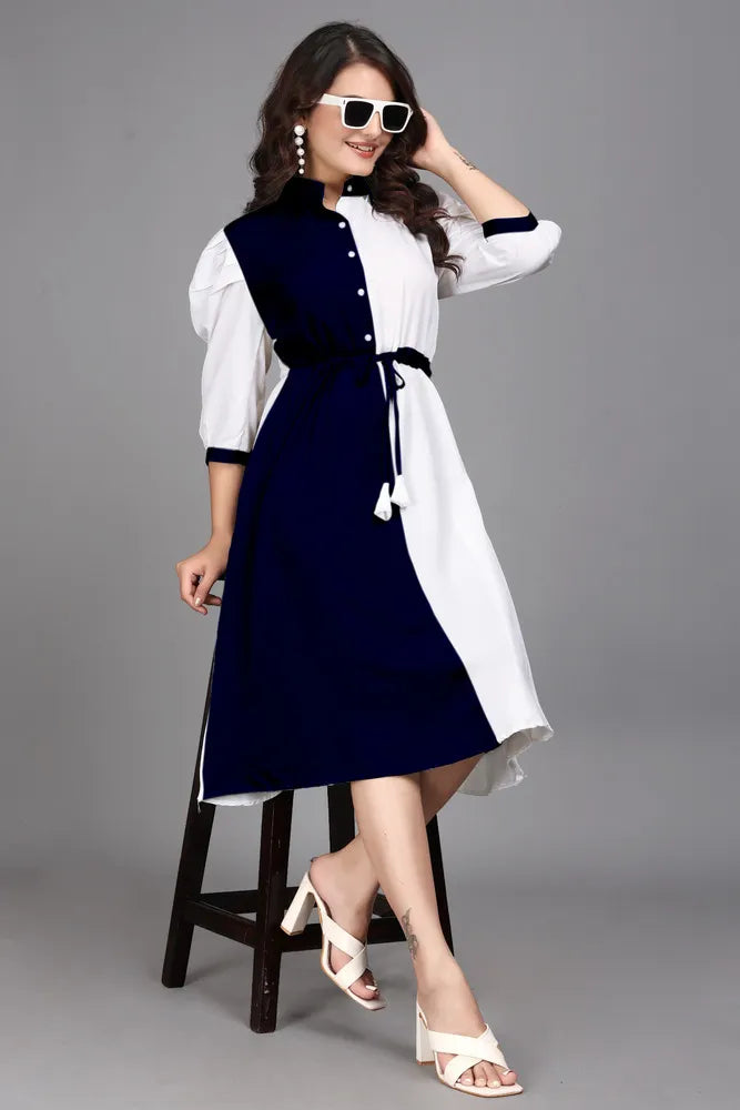 blue pure cotton with inner colourblocks casual & party wear fit & flare dress with comfortable belt