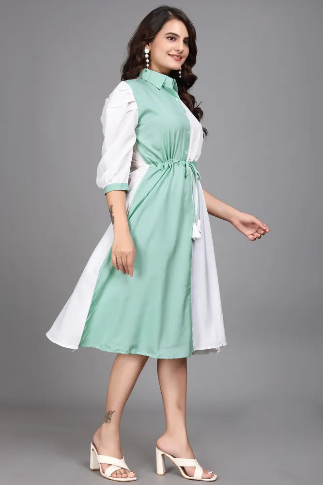 light green pure cotton with inner colourblocks casual & party wear fit & flare dress with comfortable belt