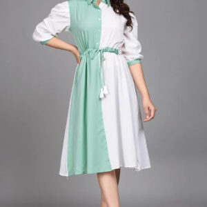 light green pure cotton with inner colourblocks casual & party wear fit & flare dress with comfortable belt