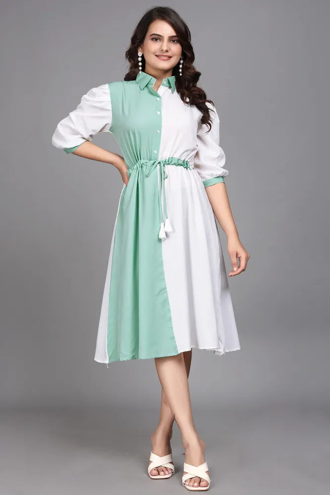 light green pure cotton with inner colourblocks casual & party wear fit & flare dress with comfortable belt
