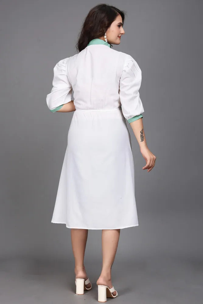 light green pure cotton with inner colourblocks casual & party wear fit & flare dress with comfortable belt