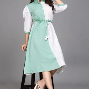 light green pure cotton with inner colourblocks casual & party wear fit & flare dress with comfortable belt