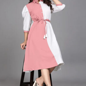 pink pure cotton with inner colourblocks casual & party wear fit & flare dress with comfortable belt