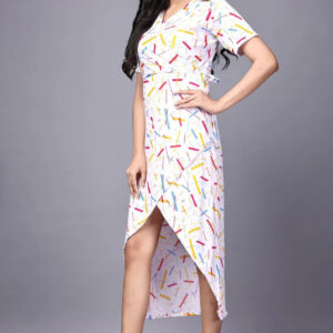 zelzis women multi abstract lines knee length dress | v neck polyester dress for colorful sticks pattern
