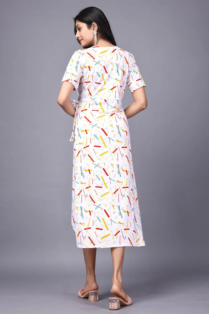 zelzis women multi abstract lines knee length dress | v neck polyester dress for colorful sticks pattern