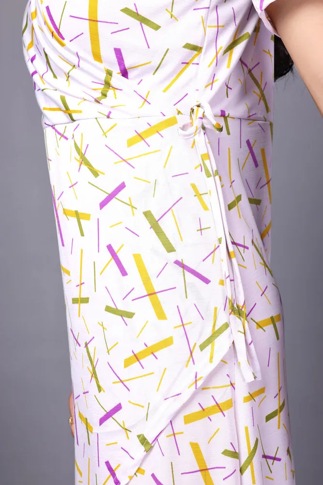 zelzis women multi abstract lines knee length dress | v neck polyester dress for colorful sticks pattern