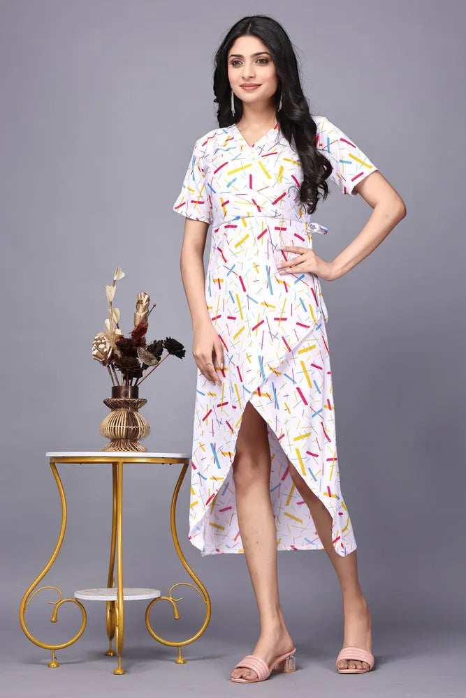 zelzis women multi abstract lines knee length dress | v neck polyester dress for colorful sticks pattern