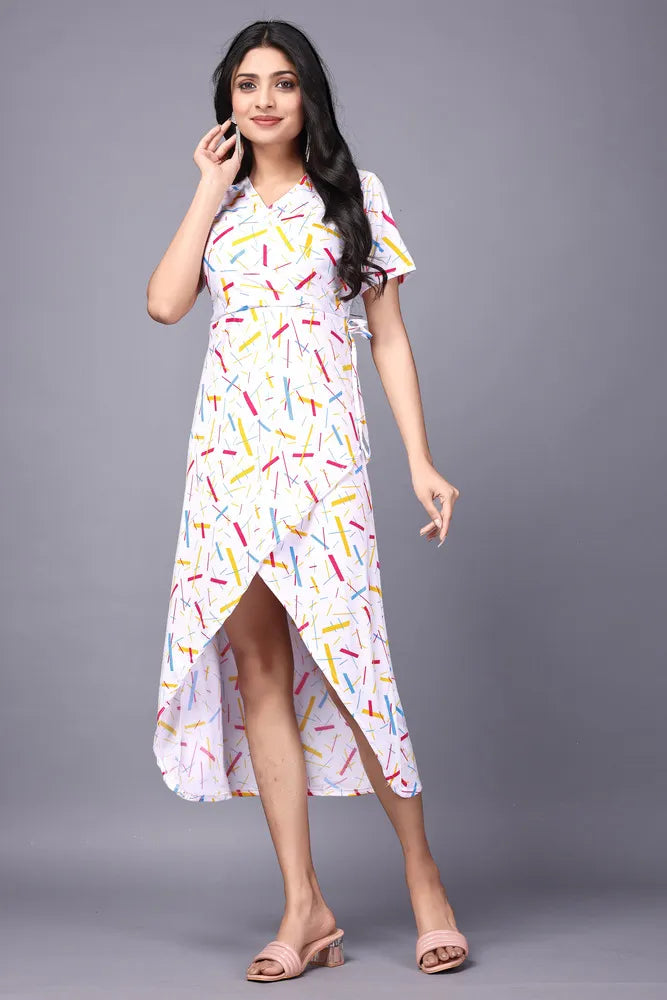 zelzis women multi abstract lines knee length dress | v neck polyester dress for colorful sticks pattern