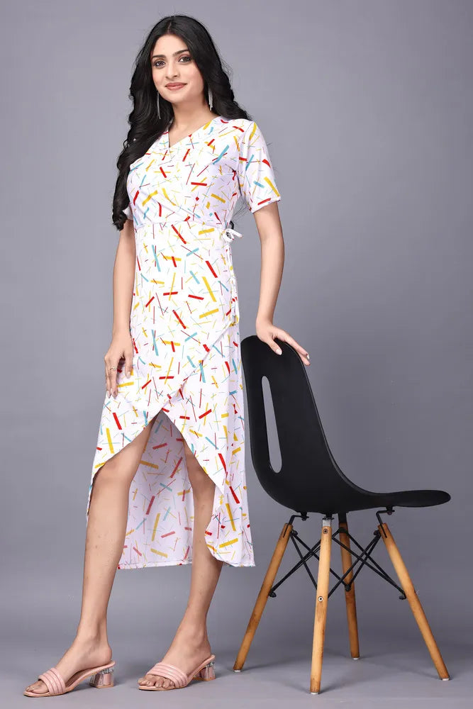 zelzis women multi abstract lines knee length dress | v neck polyester dress for colorful sticks pattern