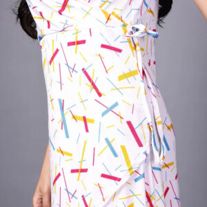 zelzis women multi abstract lines knee length dress | v neck polyester dress for colorful sticks pattern